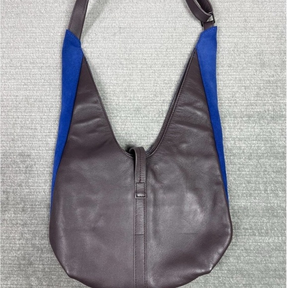 Halston Heritage Bag Womens Hobo Cobalt Blue Suede Brown Leather 2 Toned Slouch - Picture 8 of 15